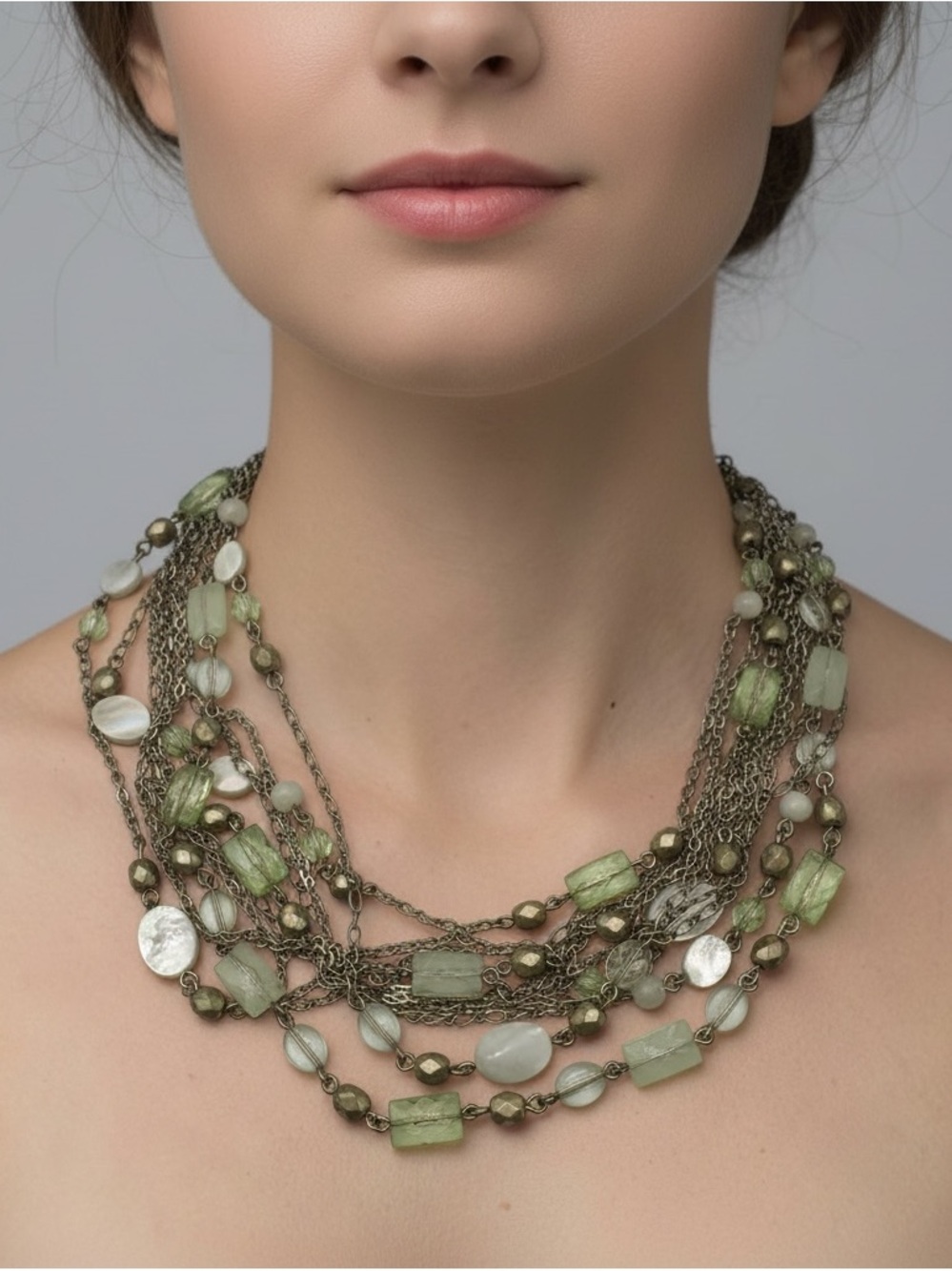 Lia Sophia Green Multi Strand Beaded Layered Statement Necklace Antique Gold
